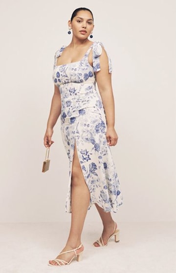 white and blue reformation midi dress