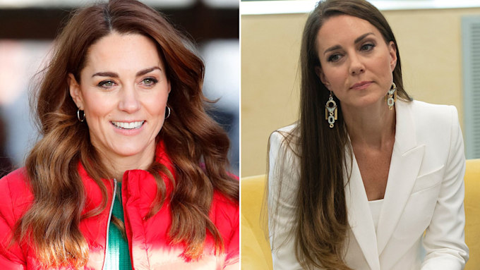 two photos of kate smiling and looking thoughtful in shiny earrings