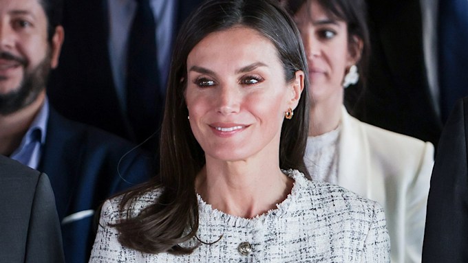queen letizia of spain in a button-down jacket