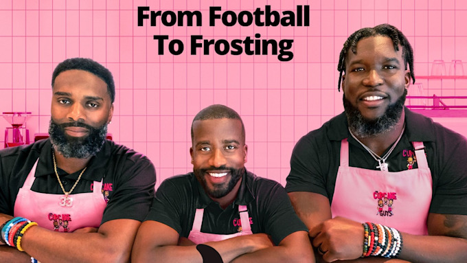 Cupcake Guys' Orakpo, Griffin, and Hynson wearing pink aprons