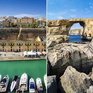 Vue fractionnée d'un beau village de Malte et de formations rocheuses au bord de la mer à Gozo. 