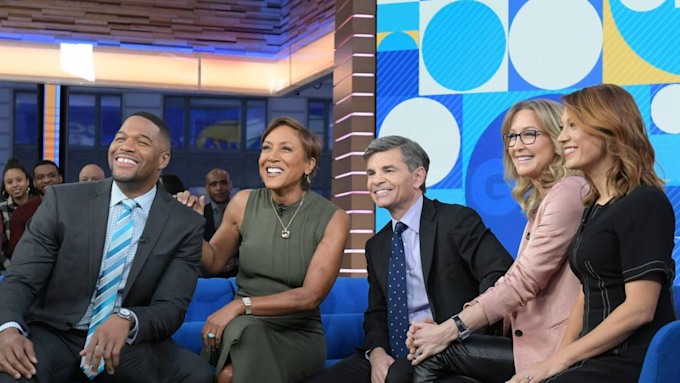 Good Morning America anchors Michael Strahan, Robin Roberts, George Stephanopoulos, Lara Spencer, and Ginger Zee