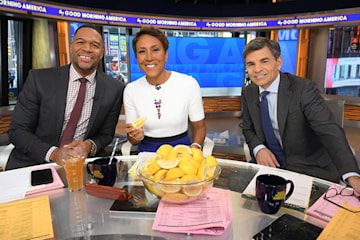 Michael Strahan, Robin Roberts and George Stephanopoulus on Good Morning America. 