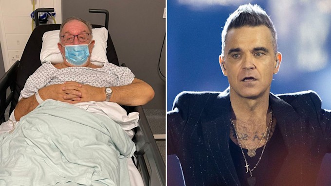 split screen of Robbie Williams and his dad Pete Conway in ambulance