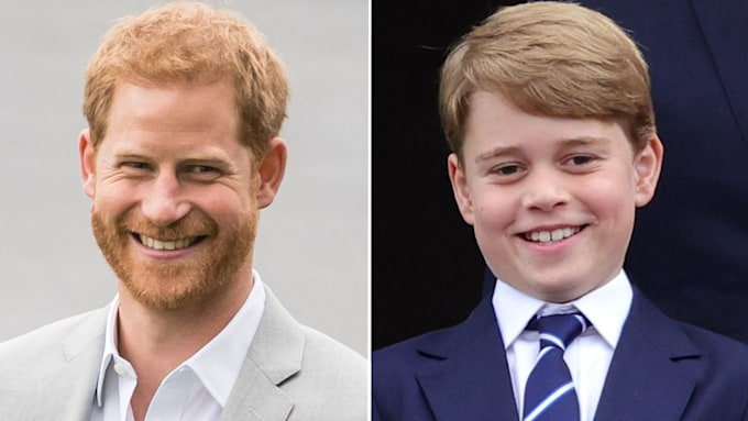 Split screen photo of Prince George and Prince Harry