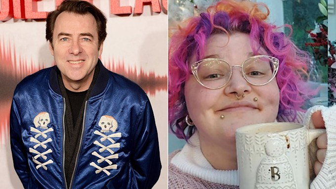 split picture of jonathan ross smiling for cameras and his daughter betty with purple hair holding up mug of tea