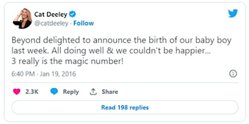 a screenshot of cat's tweet announcing birth