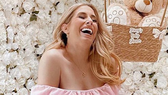 Stacey Solomon wears a pink off-the-shoulder dress