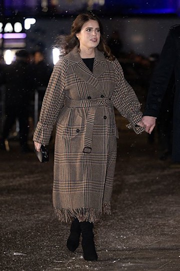 Princess Eugenie wears a coat at the Carol Service
