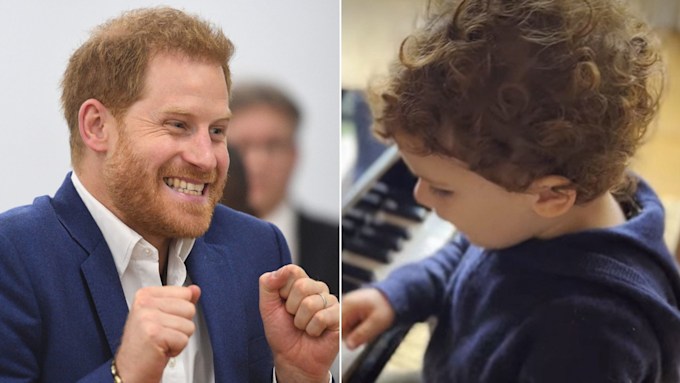 prince harry excited and archie playing the piano