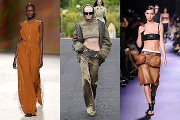 Three models wearing the utility trend on the runway 