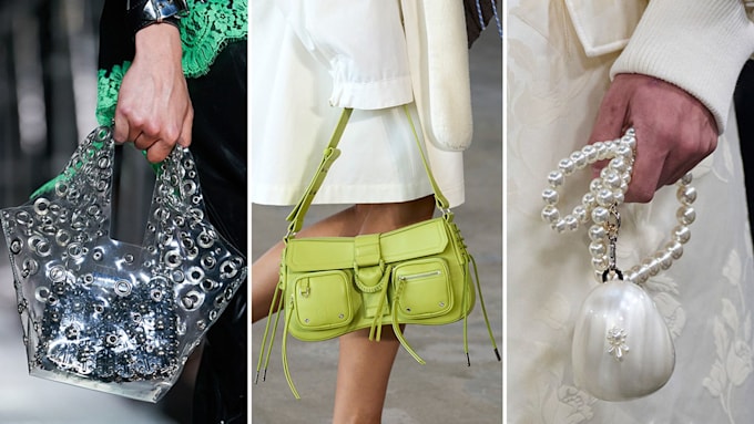 Silver chainmail bag, lime green bag, pearl bag
