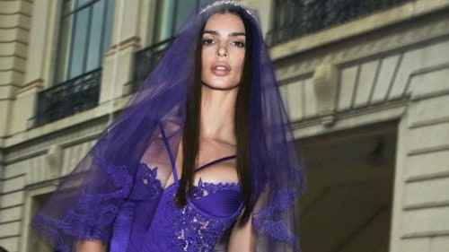 Emily Ratajkowski puts divorce behind her in purple wedding dress for Versace