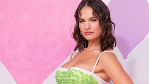 Lily James takes red carpet beauty cues from Jennifer Lopez with the lipgloss nail trend