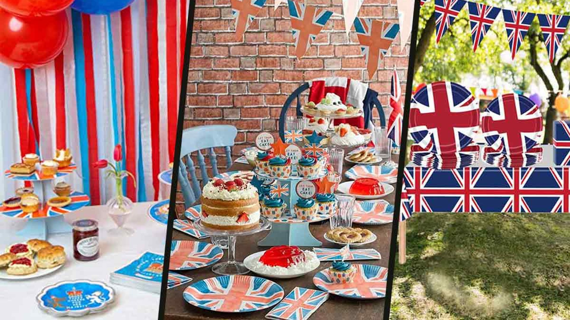 JUBILEE STREET PARTY KIT Plates Cups Bunting Balloons Tablecloth Napkins Picks 