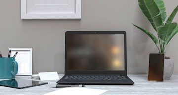 laptop on desk with plant and pencil holder