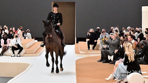 Monaco's Charlotte Casiraghi rides a horse on Chanel runway at Paris Fashion Week