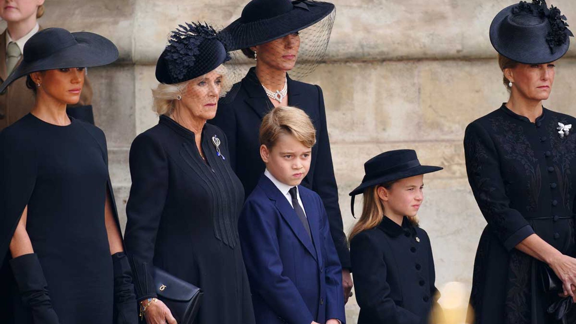 The moment Prince George and Princess Charlotte walk behind their great-grandmother's coffin - watch | HELLO!