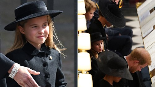 The heartwarming moment Princess Charlotte smiles at Prince Harry at Queen's funeral - watch