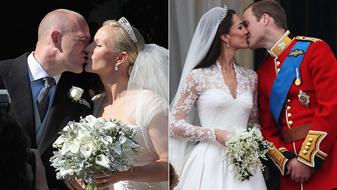 Mike and Zara Tindall kissing on their wedding day and Prince William and Princess Kate kissing on their wedding day 