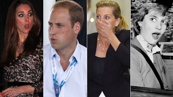 Kate Middleton, Prince William, Sophie Wessex and Princess Diana looking shocked or surprised