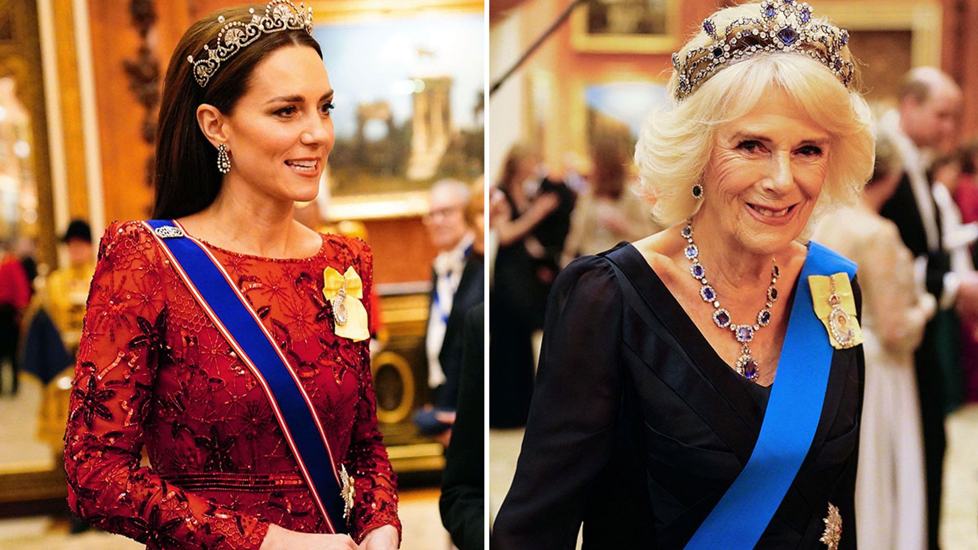 Kate Middleton and Camilla sparkle in tiaras hours before Harry and Meghan’s red carpet appearance
