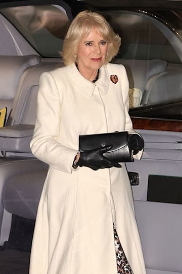 Queen Consort Camilla in a white overcoat