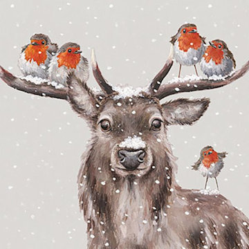 Snow on the nose of the reindeer and the robin on his antlers