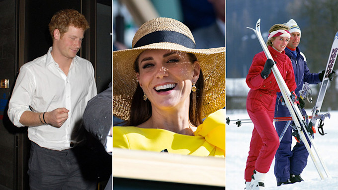 Split image of Prince Harry in white shirt Kate Middleton smiling and Princess Diana and King Charles on a ski trip