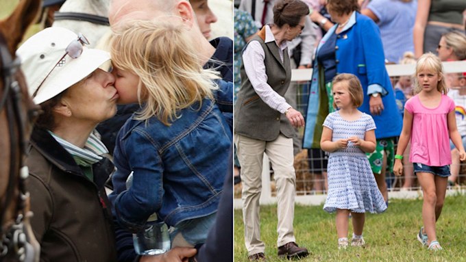 A split image of Princess Anne kissing Mia Tindall and walking with Mia Tindall, Isla Phillips and Savannah Phillips.