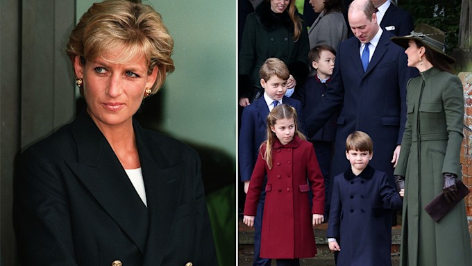 Split image of Princess Diana alongside Prince William and his children