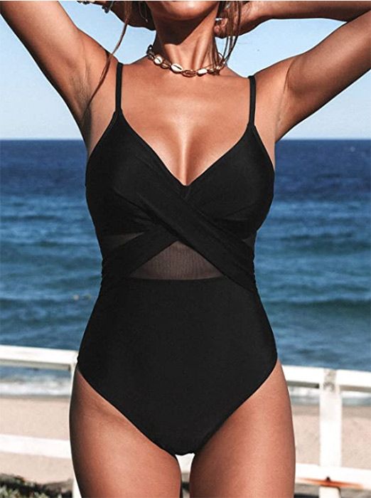 JFAN Women's Halter Neck 1 Piece Bikini Set High Waist Push Up Swimsuit for Summer Padded Tummy Control Bathing Suits Black,S 