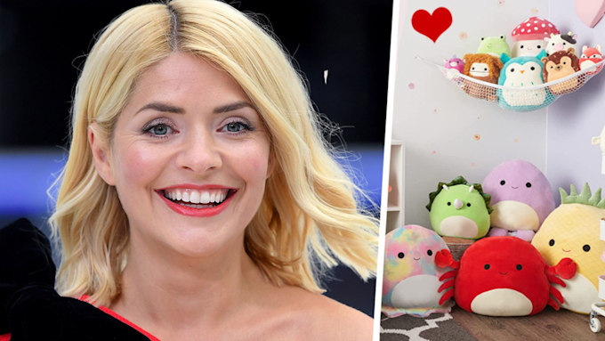 split image holly willoughby and squishmallow toys 