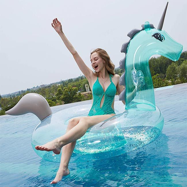 Inflatable Glitter Unicorn Ride On Lounger Swimming Pool Beach Float Lilo Toys 